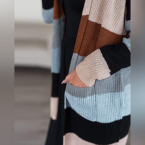 Women's Neutral Striped Long-Sleeve Open-Front Knit Cardigan Size Large - Picture 9 of 10